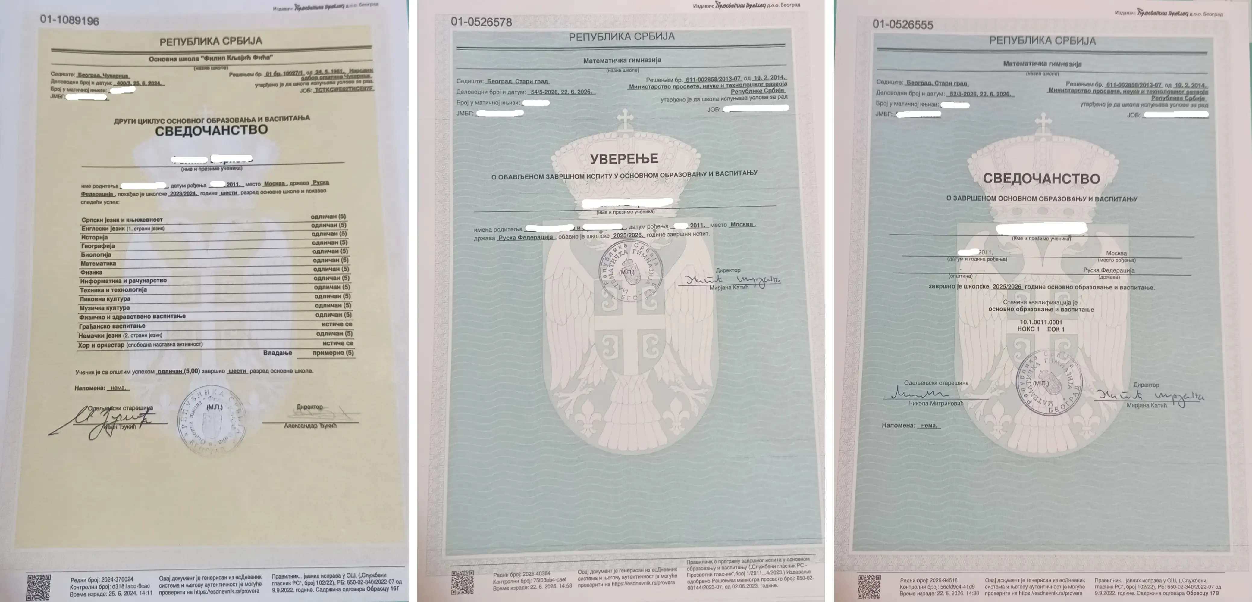 Примеры школьного svedočanstvo, uverenje о выпускном экзамене и итогового документа об основном образовании