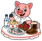 Петар сидит за столом с русскими блюдами, закусками и напитками.